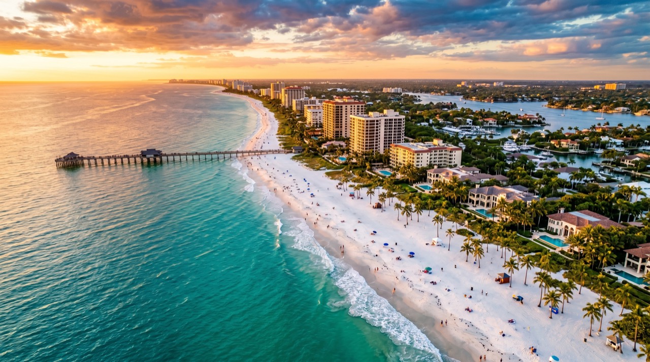 Aerial view of Naples, Florida beach, pier and turquoise Gulf at sunset