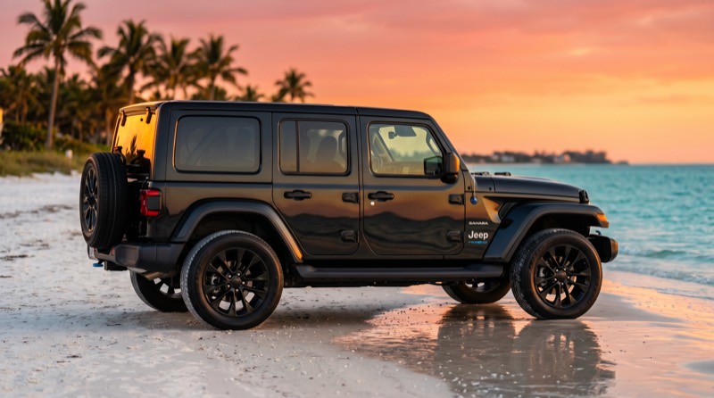 Open-air Jeep Wrangler on a Naples beach at sunset